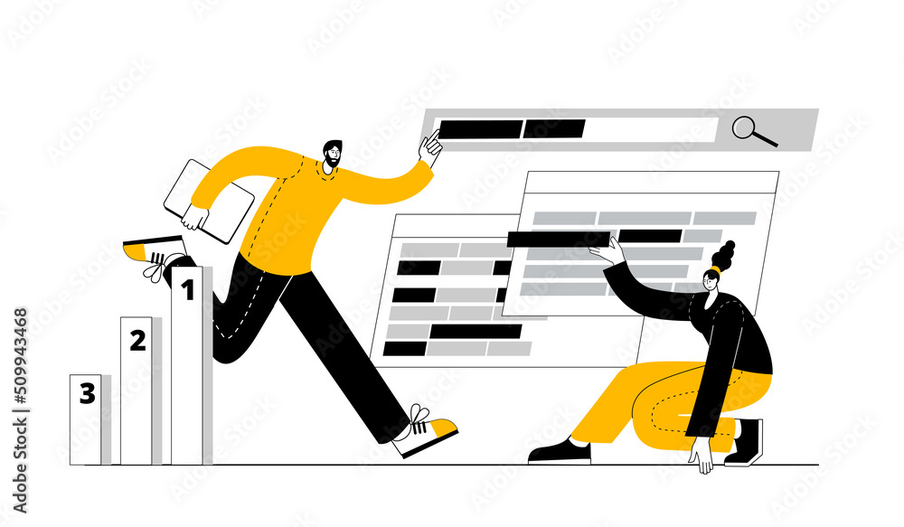Poster the seo team is working on the selection of keywords for website promotion in search engines. vector