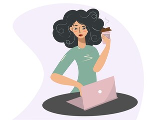 Nice woman drinking coffee from a plastic cup while working. Stylish brunette with a laptop. The girl takes a coffee break. Work, study, rest. Freelance. Vector isolated in flat style.
