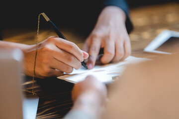 business person who working to strategy research information of client request service system,...