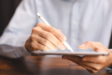 business person who working to strategy research information of client request service system,...