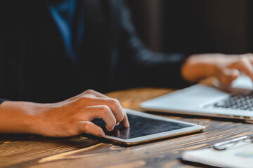 business person who working to strategy research information of client request service system,...