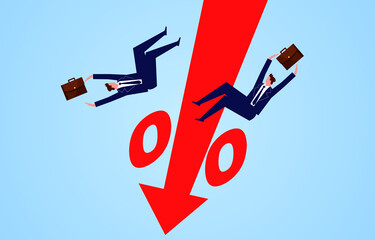 Declining productivity labor force, shrinking revenue and profit, fiscal revenue and expenditure, businessman falling with falling percentage sign arrow