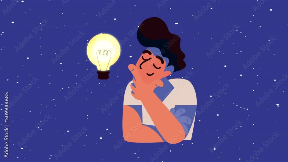 Poster man thinking with bulb animation