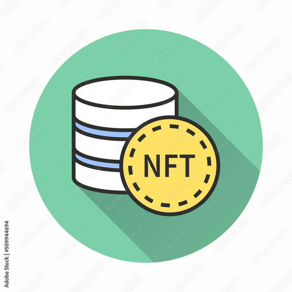 Poster nft coin icon with long shadow for graphic and web design.