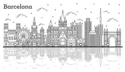 Outline Barcelona Spain City Skyline with Historic Buildings and Reflections Isolated on White.