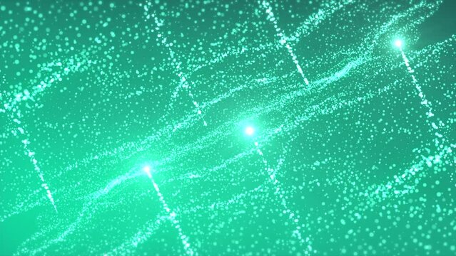 Mirror space with particle waves. Motion. Parallel worlds with glowing wavy particles. Revolution of worlds of wavy particles in cyberspace