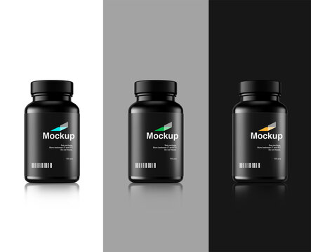 Black bottle mockup on different backgrounds. Vector illustration. Perfect for medical, cosmetic, pharmacy products. EPS10.	