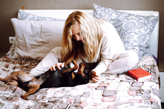 Portrait of young happy woman sitting on bed, caressing, playing with black dog pet Zwergpinscher in bedroom. Pet love.