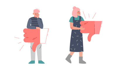 Male and Female Holding Thumb Down Sign as Notification of Disapproval Vector Set