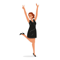 Stylish funny young woman wearing elegant little black dress. Happy smiling laughing girl standing in fun pose. Prom event party people. Flat cartoon vector illustration isolated on white background