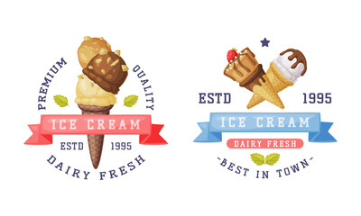 Ice Cream Emblem and Badge with Ribbon and Frozen Dessert Vector Template Set