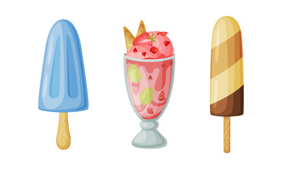 Ice Cream in Glass Bowl and on Stick as Frozen Dessert and Sweet Snack Vector Set