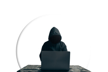 isolated of Unknown young man hacker sitting playing laptop with lots of money lying around.Concept...
