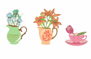 set of vector drawing vase with bouquet of flowers, sticker set, flower clipart