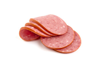 Sliced salami sausage, isolated on white background.