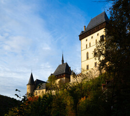 Karlstejn castle towers. Gothic castle founded 1348 CE by Charles IV. Czech Republic