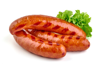 Grilled pork sausages, isolated on white background.