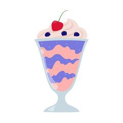Cherry and bilberry milkshake. Cartoon summer dessert with cream. Isolated vector illustration. 