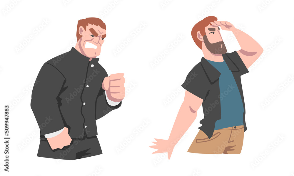 Aufkleber man different emotion feeling angry clenching fists and looking ahead vector set