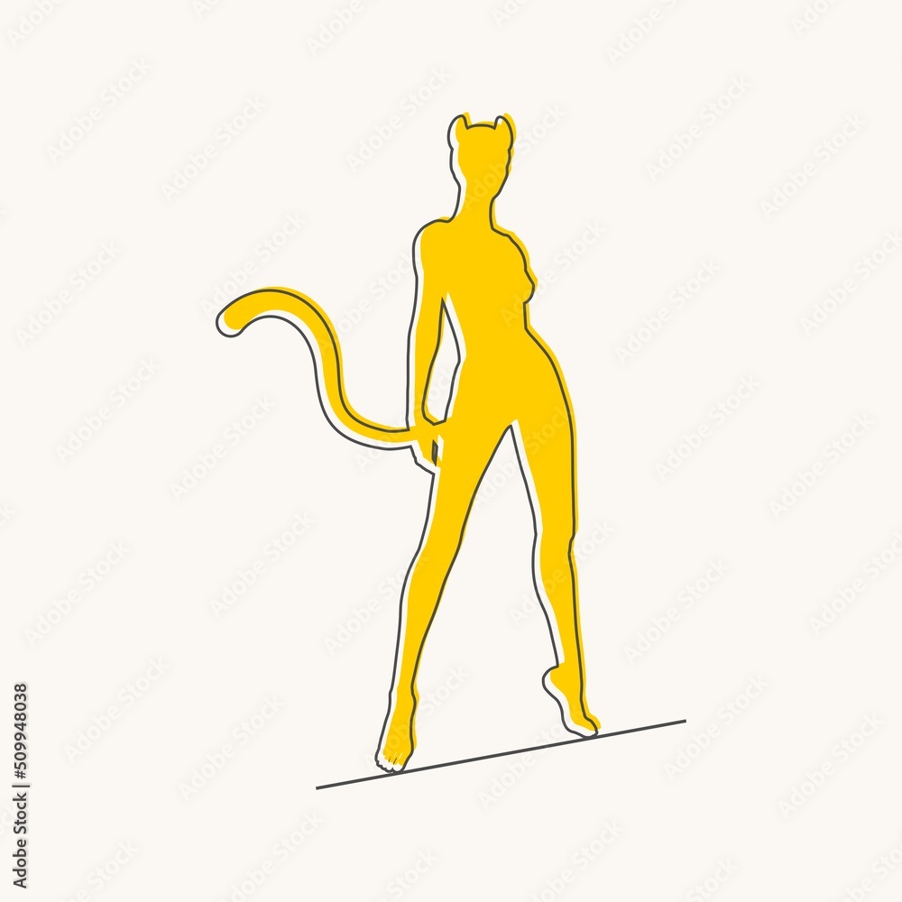 Poster Silhouettes of cat woman with ears and tail. Thin line style