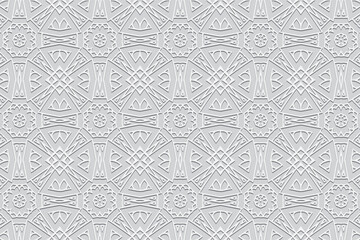 Light background, trendy cover design. Geometric 3D relief pattern. Modern motifs in the handmade style of the peoples of the East, Asia, India, Mexico, Aztecs, Peru.