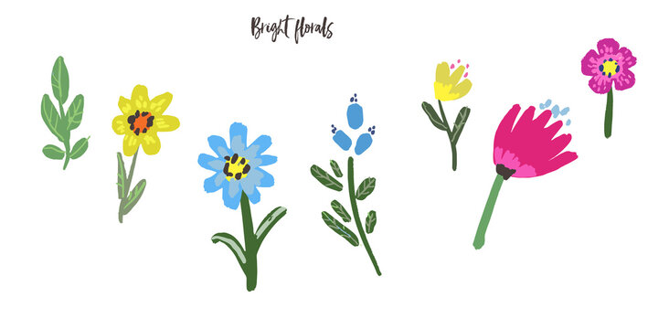 Set of vector bright flowers and leaves