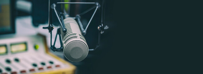 Professional microphone and sound mixer banner background