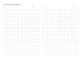 Note, scheduler, diary, planner document template illustration. 100 Day Challenge