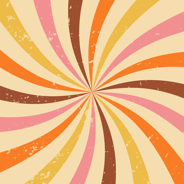 Retro groovy striped background of the 70s style. Abstract colorful rays grunge vintage backdrop. Rainbow swirl burst vector illustration flat style © HelenArt