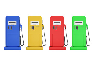 3D rendering of a red, blue, yellow, and green gas pump in the front view. cut apart on a white background Oil dispenser. Fill the bucket. Road trip-clipping path - obrazy, fototapety, plakaty