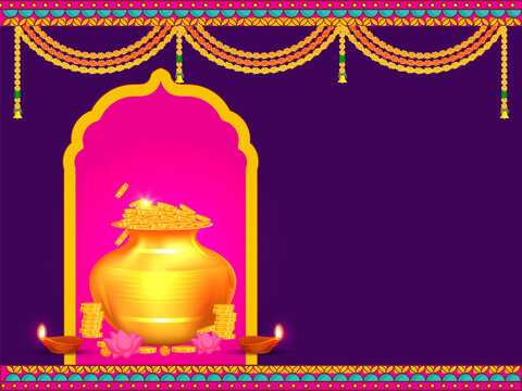 Golden Pot Full Of Coins With Lotus Flower, Lit Oil Lamps (Diya), Marigold Garland (Toran) And Copy Space On Pink And Purple Background.