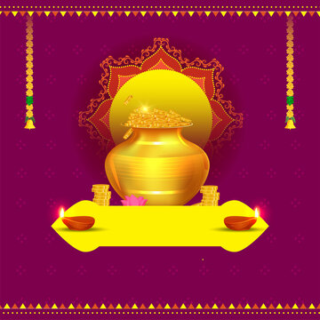 Golden Pot Full Of Coins With Lotus Flower, Lit Oil Lamps (Diya), Marigold Garland (Toran) And Copy Space On Purple Background.