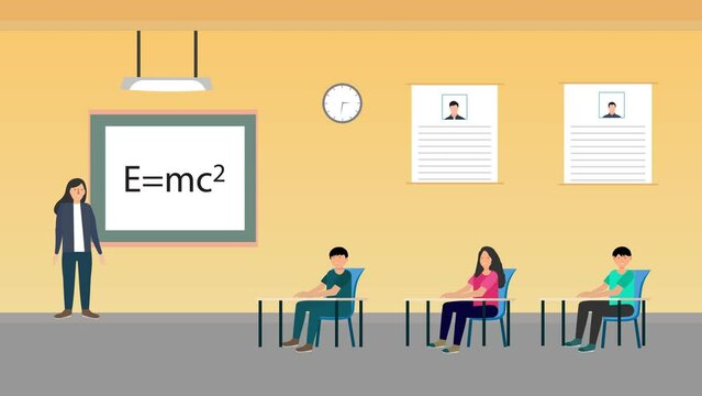 Female teacher with blackboard and classroom interior 4K animation. Teacher teaching physics in his classroom with students flat character animation. Students studying and learning physics 4K footage.