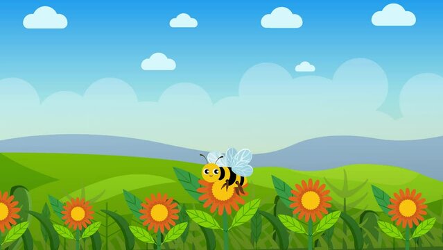 A Bee flies over the flower garden and collects honey from the plant 4K animation. A cute smiling bee flies and collects nectar 4K footage. Greenland with a flower garden animated video.