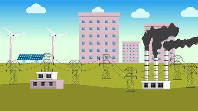 Electricity production with solar panels, windmills, and refineries footage. Electrical power supply with long electric pillar 4K animation. Electricity transfer method with urban buildings animation.