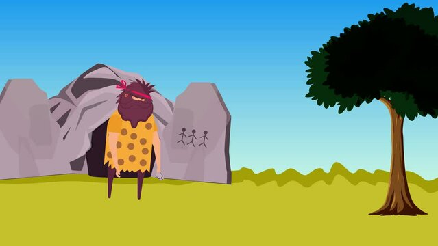 Caveman drawing on a stonewall flat character animation. Prehistoric Man with a stone cave and big tree 4K footage. Big and hairy cave-dweller drawing on wall with a stone in hand animated video.