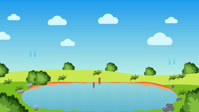Water cycle process 4K animation with a pond and blue sky. Evaporation, condensation, and precipitation process infographic diagram 4K footage. Green field with bushes for water evaporation animation.