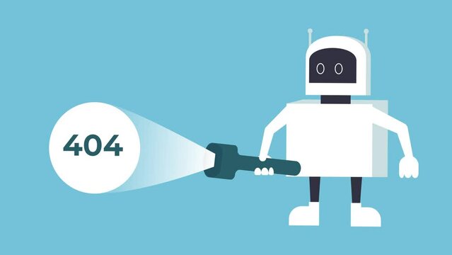 A white robot searching for a 404 error with a torch light 4K animation. 404 page not found error concept with a robot 4K footage. System finding 404 error with a big torch light animated video.