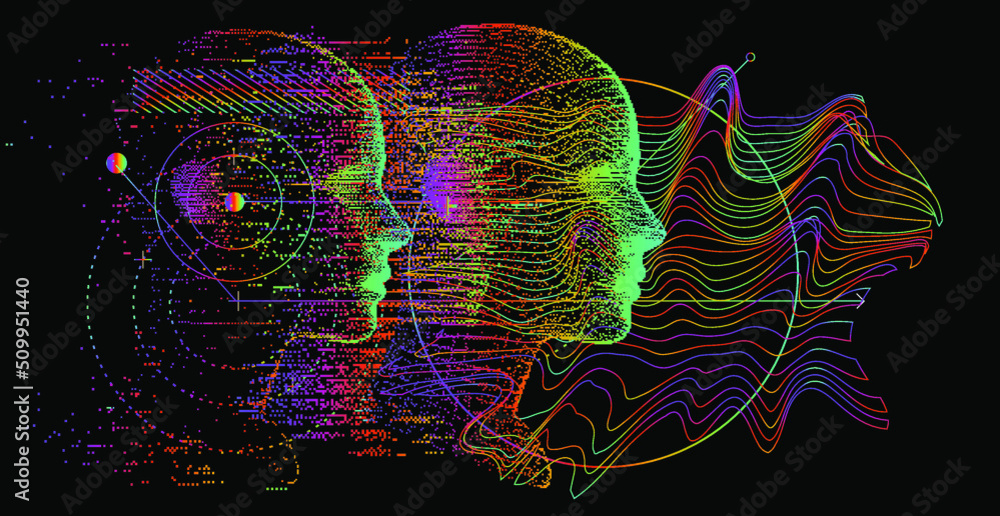 Aufkleber Abstract composition with 3D pixel human head and geometric shapes. Sci-fi futuristic style vector illustration in holographic colors.