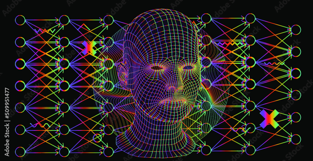 Poster abstract geometric composition with 3d polygonal model of a human head. sci-fi futuristic vector ill
