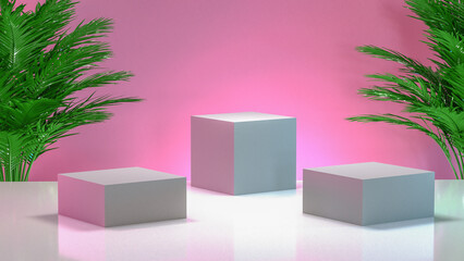 Abstract 3d scene with cubes and palm trees. Product display stand. Vaporwave, synthwave style, neon aesthetics of 1980's.