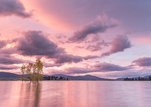 Glorious Warm Sunset Colours Over Lake Jindabyne, In The Snowy Mountains Of Australia