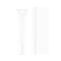 Blank plastic tube mockup with box. Vector illustration isolated on white background. Front view. Can be use for your design, advertising, promo and etc. EPS10.