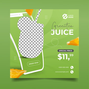 Online Promotion Green Juice Flyer Or Social Media Banner With Mobile Phone