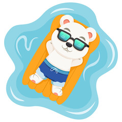Cartoon little polar bear sunbathing with sunglasses