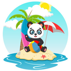 Cute panda cartoon at tropical beach