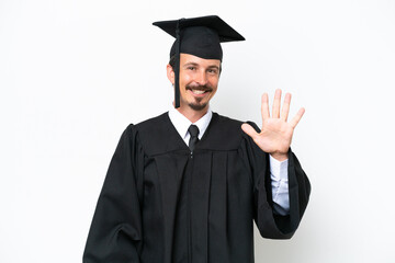 Young university graduate man isolated on white background counting five with fingers