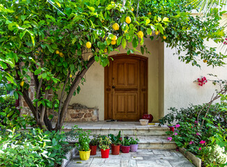 Fototapeta na wymiar Contemporary house entrance arched wooden door and garden with lemon tree, Athens, Greece.