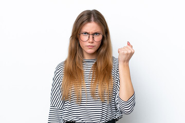 Young caucasian woman isolated on white background with unhappy expression