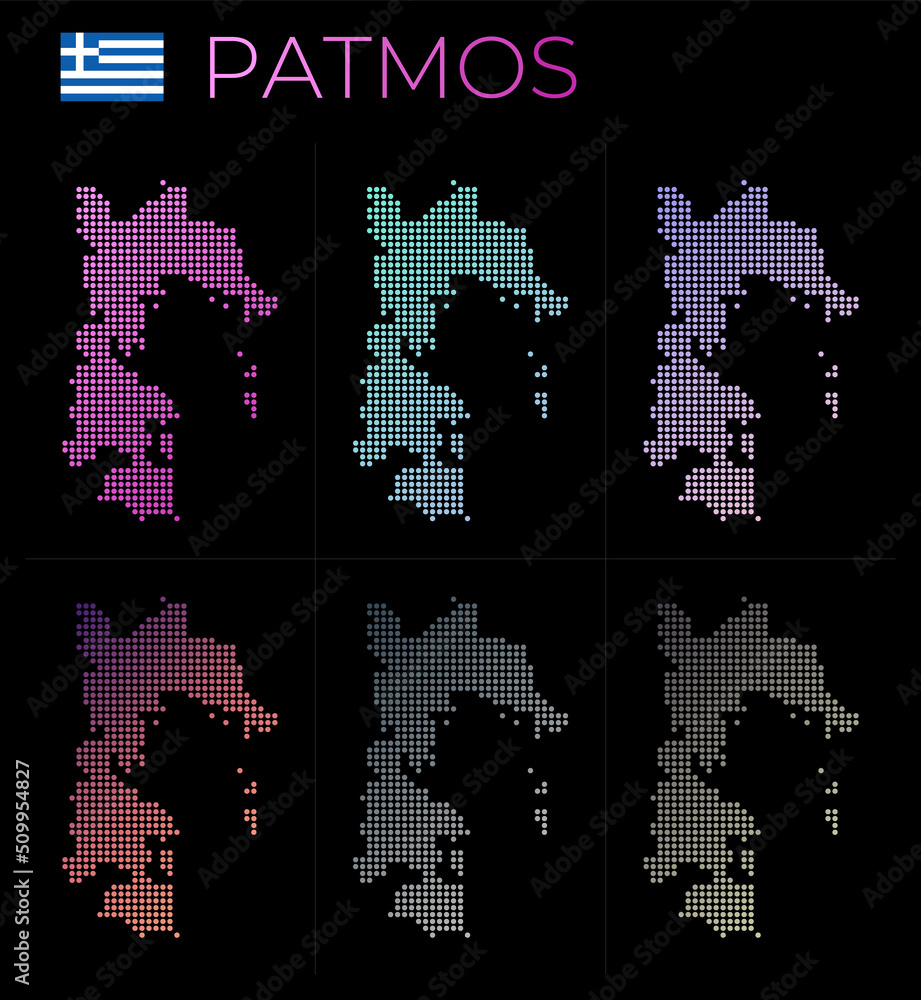 Poster patmos dotted map set. map of patmos in dotted style. borders of the island filled with beautiful sm